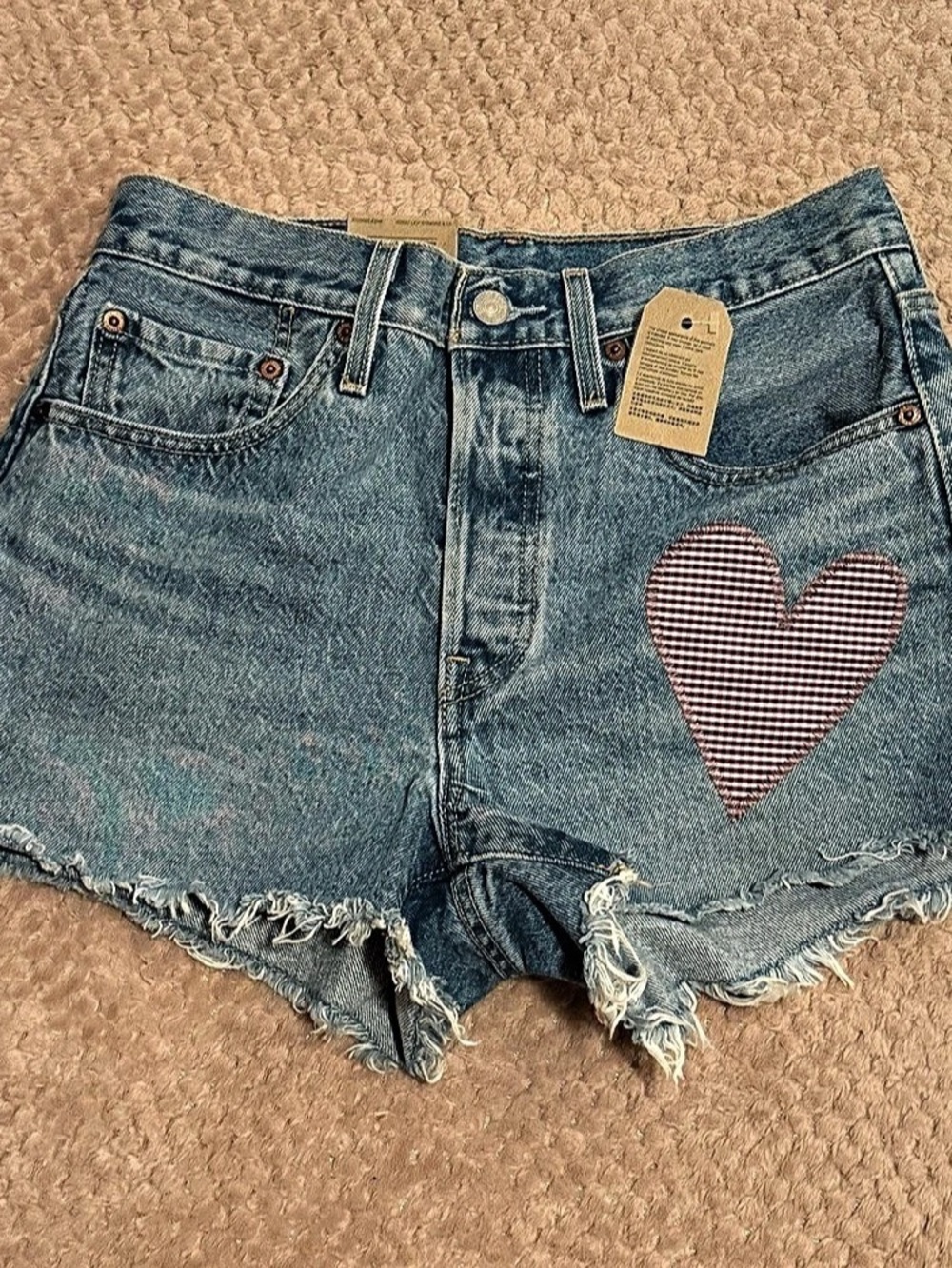 Levi's 501 Original Shorts Gingham Heart Applique Blue Waist 27
